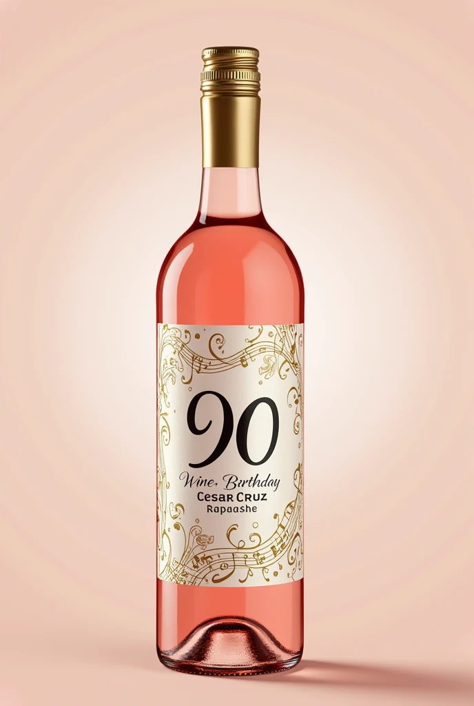 Personalized label on rose wine that says my 90th birthday CESAR CRUZ PAPASHE thank you for attending with a gold and white musical theme

