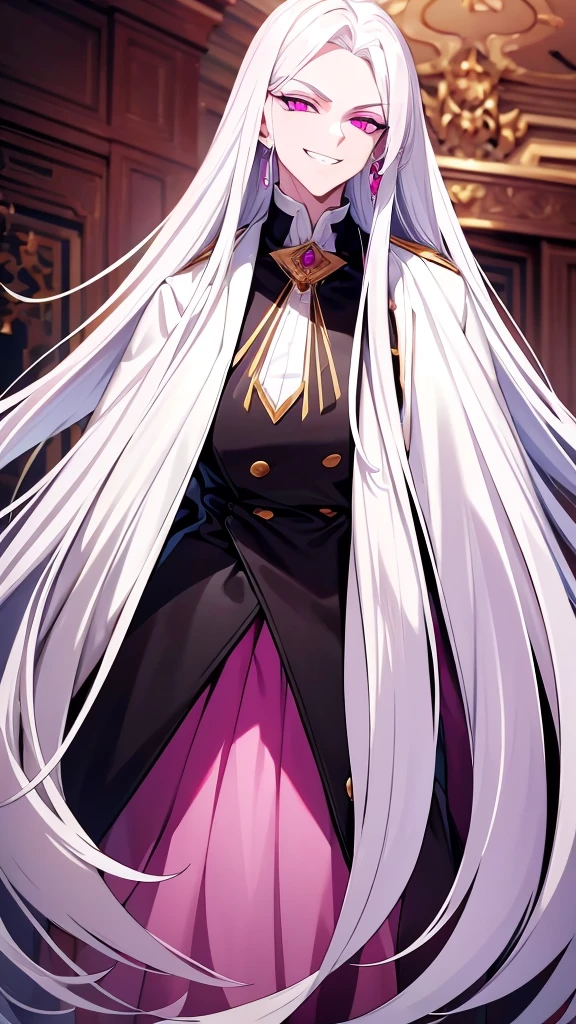 long white hair, black shirt, golden necklace, white coat, golden rimming on coat, long white hair, highres, high resolution, masterpiece, wide dark pink eyes, masterpiece, best quality, highres, 1 man, looking at camera, Creepy and scary aura, looking forward, straight hair, white hair, full body, colorful parts, symbols, dark, full body, imposing pose, stylish outfit, dark theme, sharp chin, wide jaw, sharp jawline, highres, high resolution, masterpiece, lucious long white hair, dark pink eyes, detailed eyes, dark pink earrings, grin, massive grin, biggest grin, huge grin, teeth showing grin, wide eyes, massive eyes, showing eyes