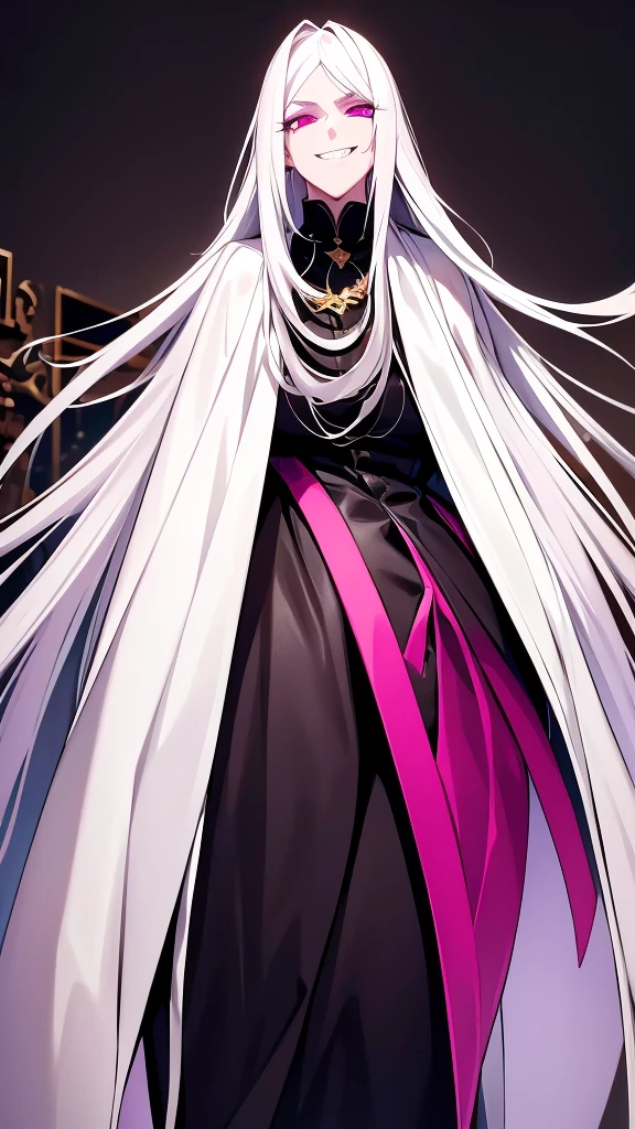 long white hair, black shirt, golden necklace, white coat, golden rimming on coat, long white hair, highres, high resolution, masterpiece, wide dark pink eyes, masterpiece, best quality, highres, 1 man, looking at camera, Creepy and scary aura, looking forward, straight hair, white hair, full body, colorful parts, symbols, dark, full body, imposing pose, stylish outfit, dark theme, sharp chin, wide jaw, sharp jawline, highres, high resolution, masterpiece, lucious long white hair, dark pink eyes, detailed eyes, dark pink earrings, grin, massive grin, biggest grin, huge grin, teeth showing grin, wide eyes, massive eyes, showing eyes
