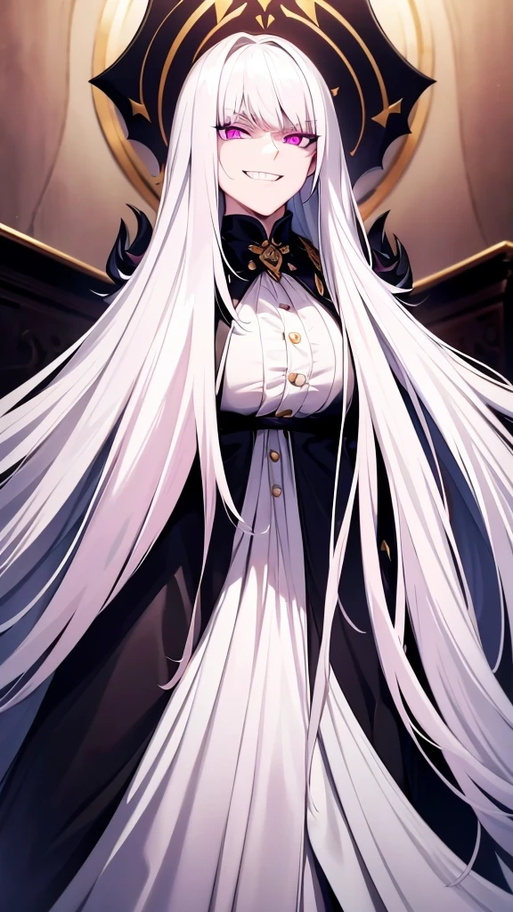 long white hair, black shirt, golden necklace, white coat, golden rimming on coat, long white hair, highres, high resolution, masterpiece, wide dark pink eyes, masterpiece, best quality, highres, 1 man, looking at camera, Creepy and scary aura, looking forward, straight hair, white hair, full body, colorful parts, symbols, dark, full body, imposing pose, stylish outfit, dark theme, sharp chin, wide jaw, sharp jawline, highres, high resolution, masterpiece, lucious long white hair, dark pink eyes, detailed eyes, dark pink earrings, grin, massive grin, biggest grin, huge grin, teeth showing grin, wide eyes, massive eyes, showing eyes
