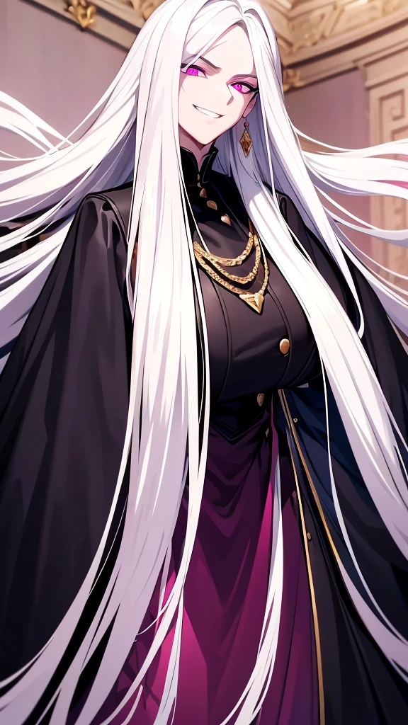 long white hair, black shirt, golden necklace, white coat, golden rimming on coat, long white hair, highres, high resolution, masterpiece, wide dark pink eyes, masterpiece, best quality, highres, 1 man, looking at camera, Creepy and scary aura, looking forward, straight hair, white hair, full body, colorful parts, symbols, dark, full body, imposing pose, stylish outfit, dark theme, sharp chin, wide jaw, sharp jawline, highres, high resolution, masterpiece, lucious long white hair, dark pink eyes, detailed eyes, dark pink earrings, grin, massive grin, biggest grin, huge grin, teeth showing grin, wide eyes, massive eyes, showing eyes