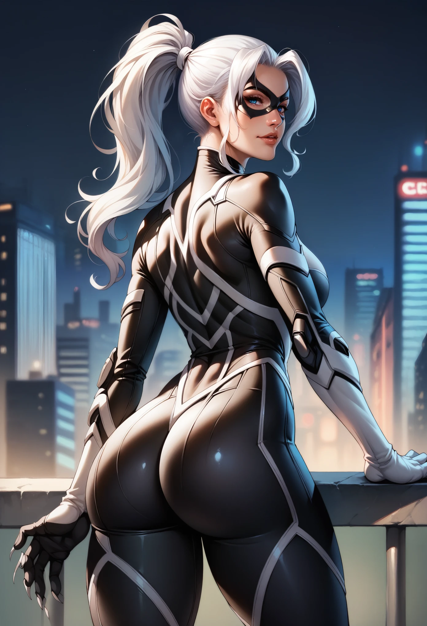 score_9, score_8_up, score_7_up, BREAK, score_9, blckctxl, felicia, blue eyes, white hair, ponytail, black bodysuit, gloves, domino mask, looking at viewer, cowboy shot, ass, from behind, night, city