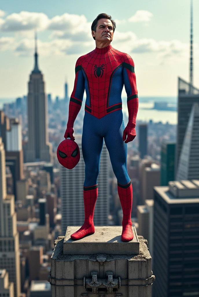 Bolsonaro President of Brazil, wearing spiderman uniform, On top of the tallest building in New York, with the mask in hand