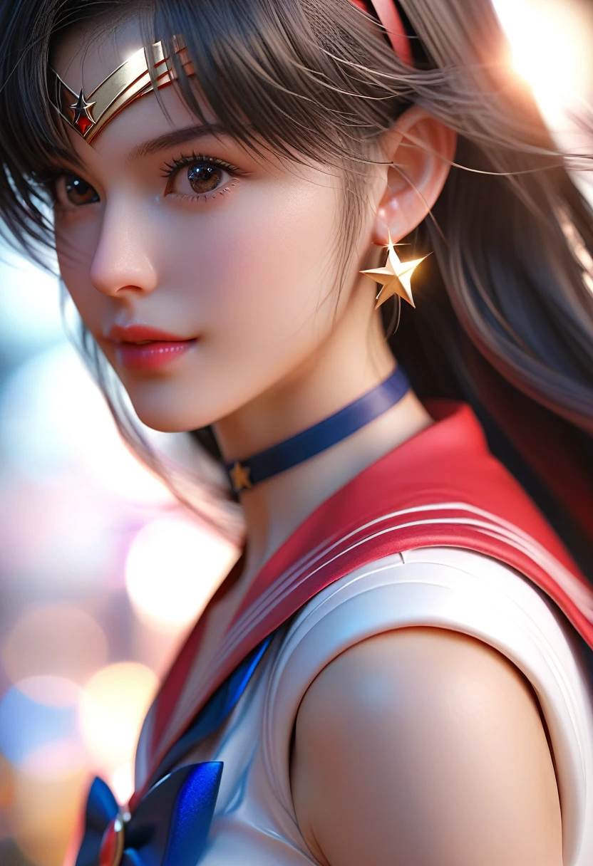 score_9, score_8_up, score_7_up, Girl's profile picture, realistic skin texture, detailed picture, close-up, HD32k, skirt, shirt, black hair, gloves, bow, jewelry, pleated skirt, earrings, sleeveless, choker, elbow gloves, bowtie, sailor collar, star (symbol), blurry, red bow, lips, blurry background, red skirt, magical girl, tiara, circlet, realistic, star earrings, sailor senshi uniform, red sailor collar, hino rei, sailor mars,Painstaking Attention To Details,PEAnimeBG,starlight