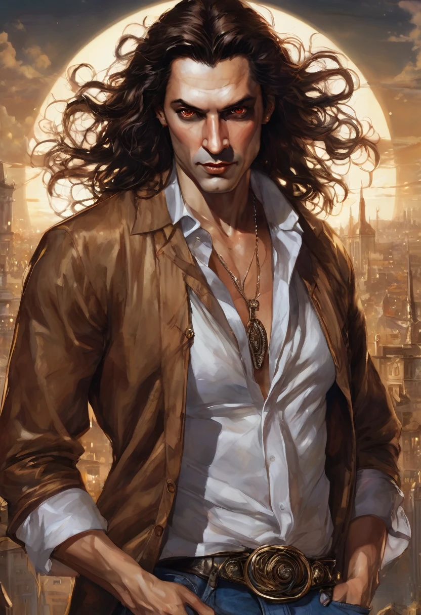 (good quality), (many details), (masterpiece), (good quality), (many details), (masterpiece), man in his early 30s, open shirt, jeans pants (cut out), trickster, wide hair in brown curls, scar on eye, golden earring on left ear, talisman,, at night between people, realistic, vampire, modern