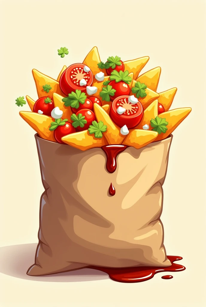 Nachos in a bag mixed with tomato, cilantro, Onion and sauce represented in a logo
