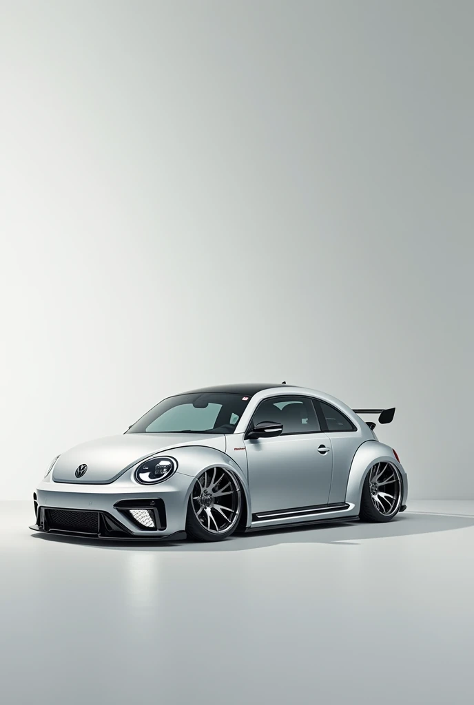 Image of a silver-white Volkswagen Beetle with Porsche Twist wheels and low suspension 