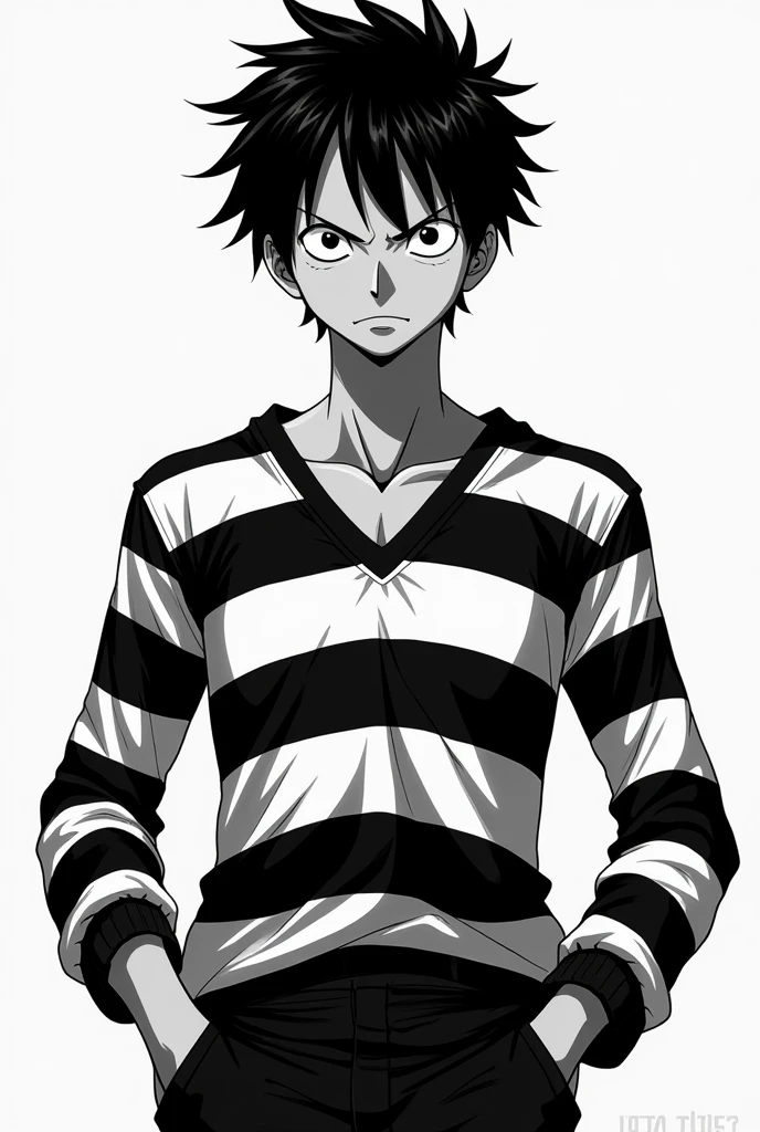 Monkey D. Luffy in black and white striped prison uniform long sleeve front and back and left side and right side Original anime One Piece