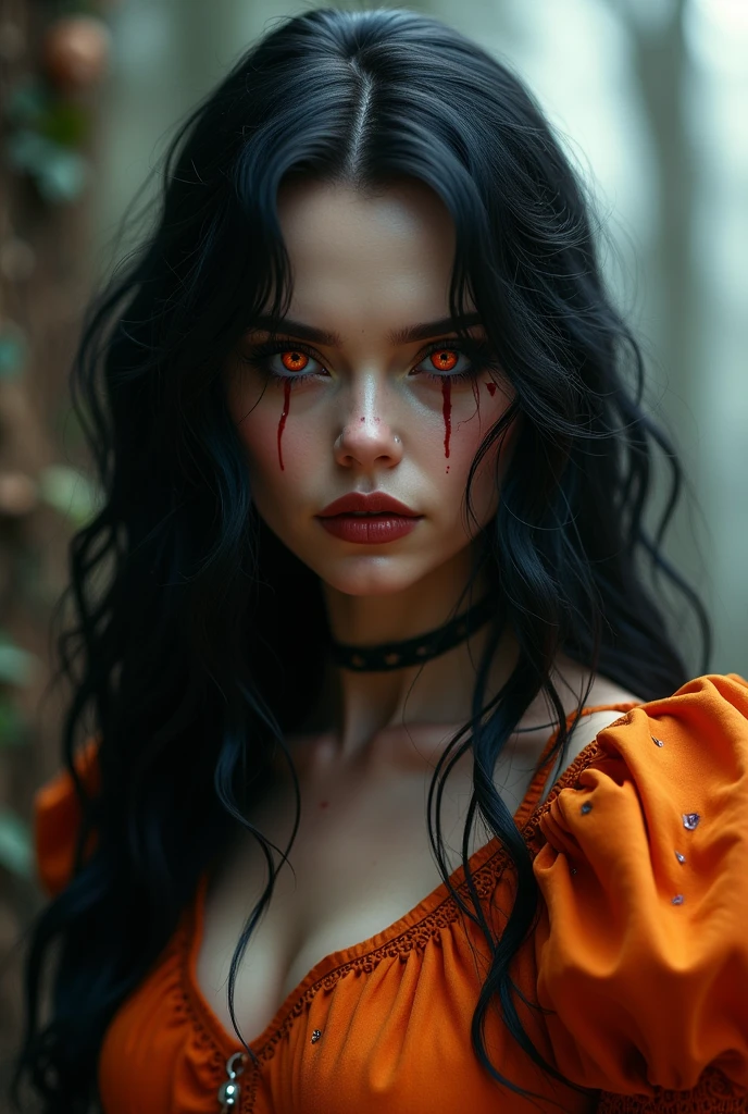 Pennywise woman with long wavy black hair and orange highlights Dracula style from Monster High with orange clothes and tears in her eyes 