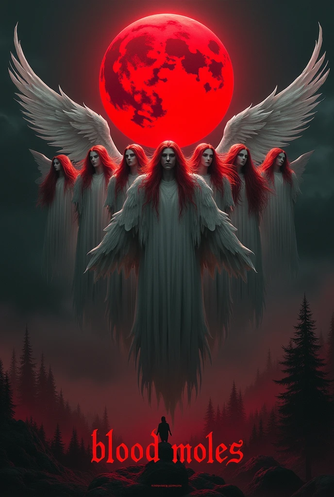 A red moon in the middle seven silver angels on the sides with red hair men And that says: Blood Moles