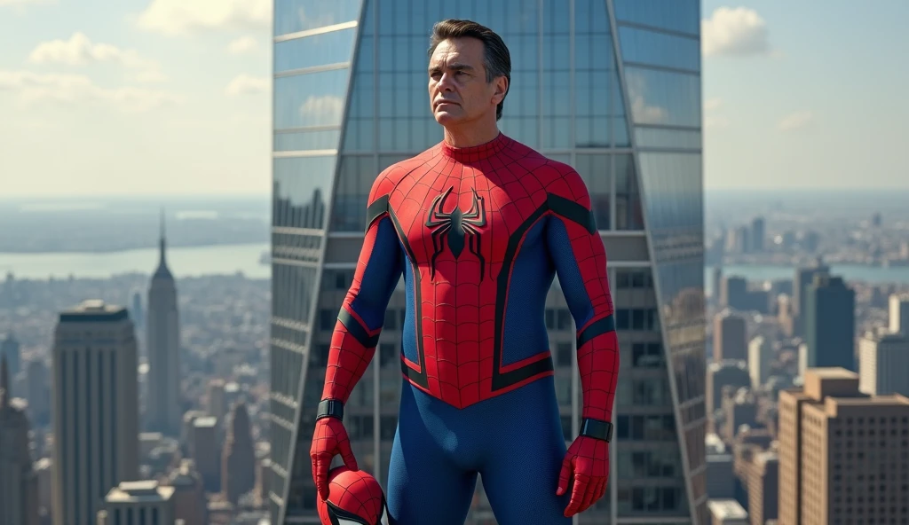 Bolsonaro, president of Brazil, wearing a Spider-Man uniform, On top of the tallest building in New York, with the mask in hand