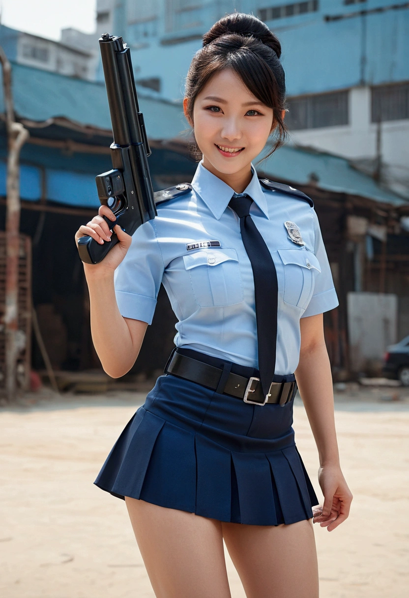 Female model,Age 30 years,Korean tribe,tipe tubuh tebal berbig breasts,fair skin,big breasts,big ass thick thighs,facing a seductive smile,Black hair color,bun hair type,blue eye color,mini skirt police uniform,holding a gun,whole body distance,dynamic angle,model pose action,dead city place,cinematic lights,realism style
