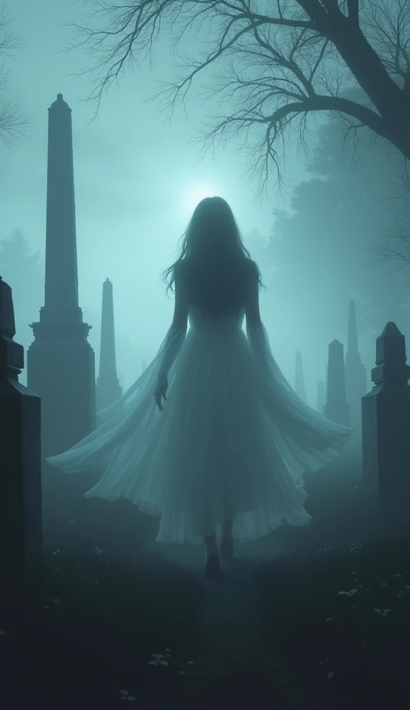 A foggy night view of Union Cemetery with the faint silhouette of a woman in a flowing white gown walking among the graves.