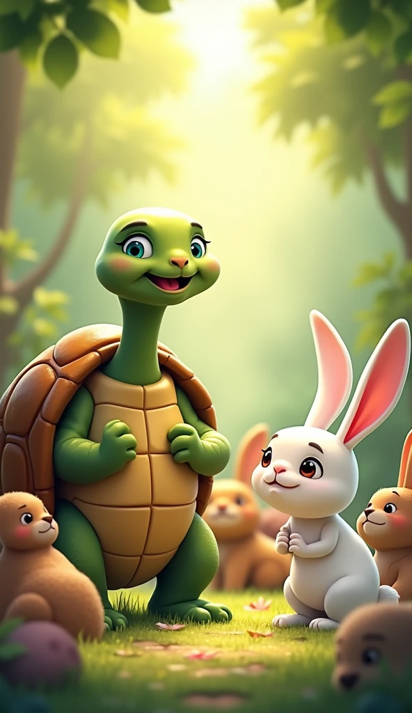 The turtle and the rabbit stand together, with other animals gathered around. The turtle is happy and rabbit is sad.
The rabbit is white.
Show as cartoons