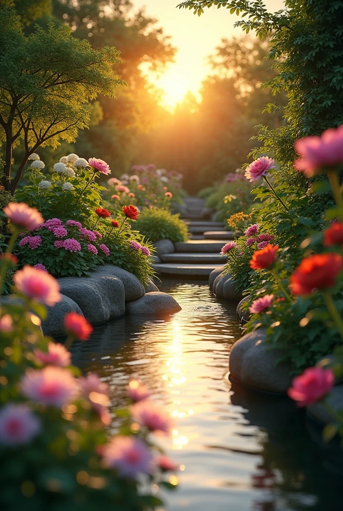 Small garden with a water source, hot summer evening