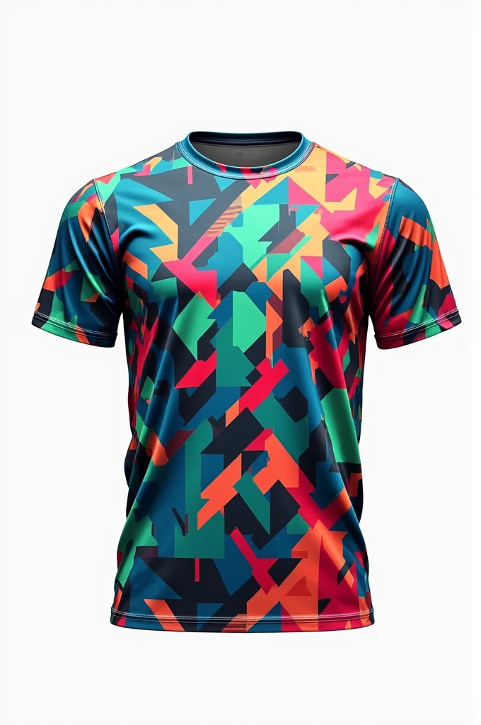 Plain t-shirt with unusual patterns in a chaotic style with bold tones and sharp angles on a white background