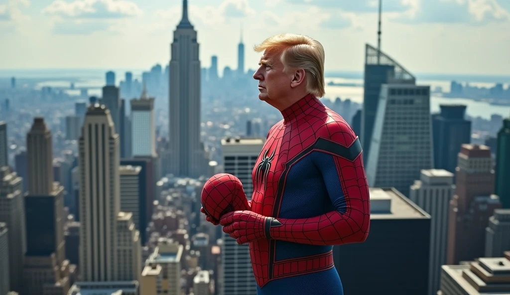 trump wearing spiderman uniform, On top of the tallest building in New York, with the mask in hand