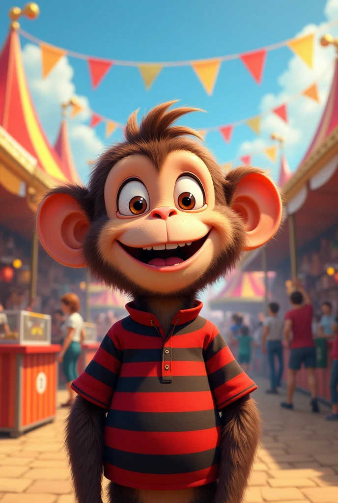 Generates an image of a happy monkey at a fair wearing a red and black shirt