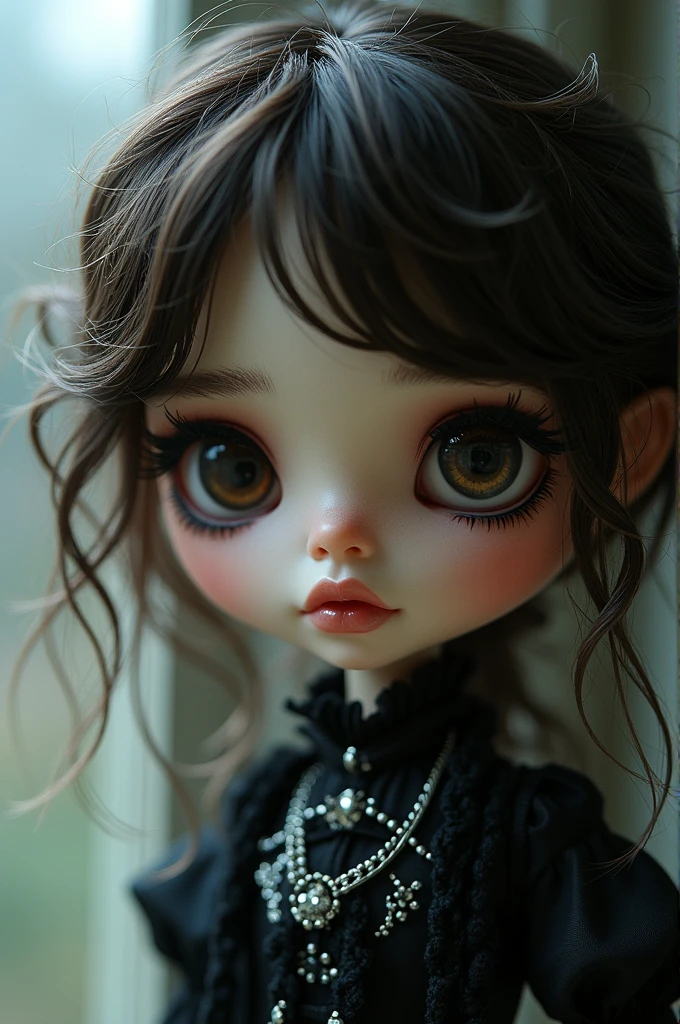 Make me a pale blythe doll, with wavy layered hair a little messy dark brown color and blonde highlights in front, dark brown eyes, eye shadow and black eyeliner, silver chains and alternative
