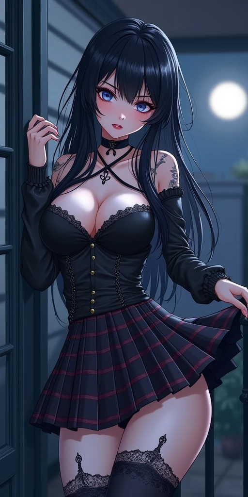 (best quality, ultra-detailed, photorealistic: 1.39), bright and vibrant colors, studio lighting, romantic expression, An effeminate girl, with a delicate and beautiful face. Beautiful and adult tattooed woman with her black hair matches the gothic makeup, her blue eyes and mischievous smile, with her large seductive breasts, cleavage, gothic style blouse, strapless lace blouse, plaid pleated skirt, black lace socks, chain details on the skirt, on the porch of the house at night, full moon, night, manga style, anime features manga style, fully body , she is in love, anime style, She holds a sign with gratitude written thank you to 100 followers ❤