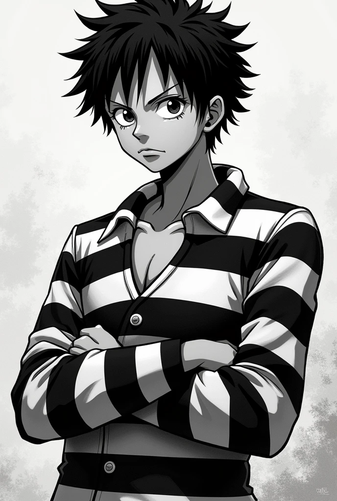 Monkey D. Luffy in black and white striped prison uniform long sleeve front and back and left side and right side Original anime One Piece