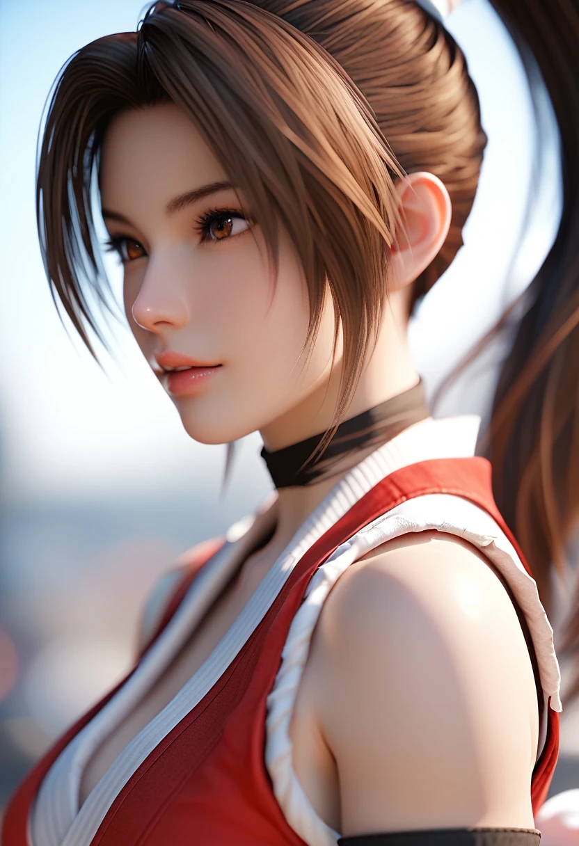 score_9, score_8_up, score_7_up, Girl's profile picture, realistic skin texture, detailed picture, close-up, HD32k, long hair, brown hair, bare shoulders, brown eyes, ponytail, torn japanese clothes, sleeveless, torn choker, blurry, lips, blurry background, parted bangs, torn sash, high ponytail, rope, armband, ninja, shiranui mai