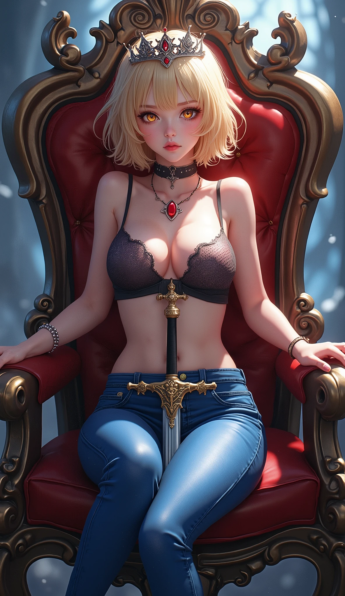 Lumine (1girl), Genshin Impact character, blue jeans, lingerie top, detailed makeup, sitting on a royal chair, wearing a crazy looking tiara, holding a sword, Middle Ages, cinematic, high-quality, highly detailed, anime style, photorealistic, 8k, vibrant colors, dramatic lighting, atmospheric, digital painting, fantasy, intricate details, elegant, beautiful, sexy, blonde short hair, locks