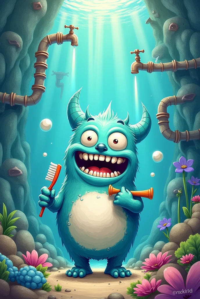 Cavity monster water economy drawing tap brushing teeth toothpaste 
