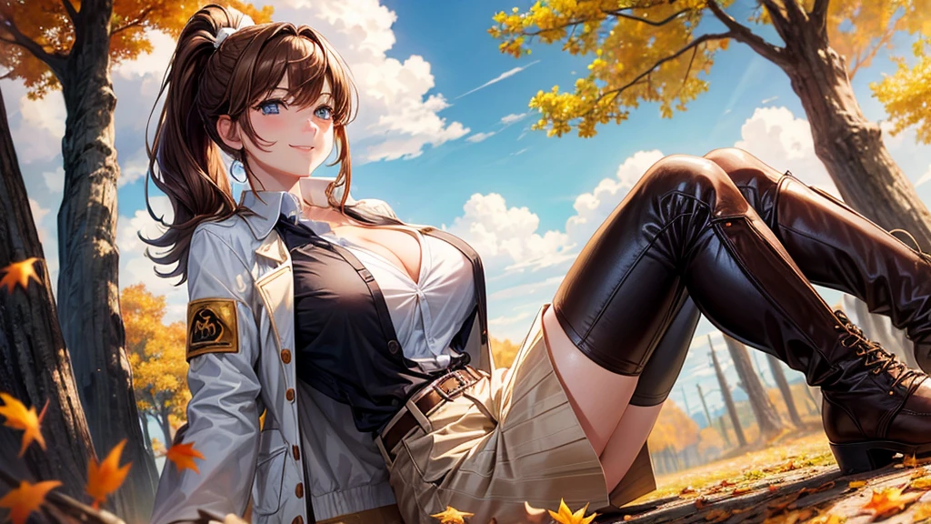 1girl, solo, trees, sun, clouds, autumn, colorful trees, falling leaves, ((brown hair)), ponytail, huge breasts, ((white jacket)), button down shirt, ((black shirt)), ((unbuttoned shirt)), unbuttoning buttons, (full cleavage)), blue eyes, red checked skirt, brown boots, smile, happy, looking at the viewer, walking, hair ribbon, golden necklate