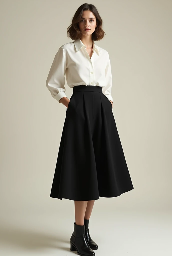 Draw me a person with a black flared skirt at the waist, fitted white blouse and elegant black leather boots.