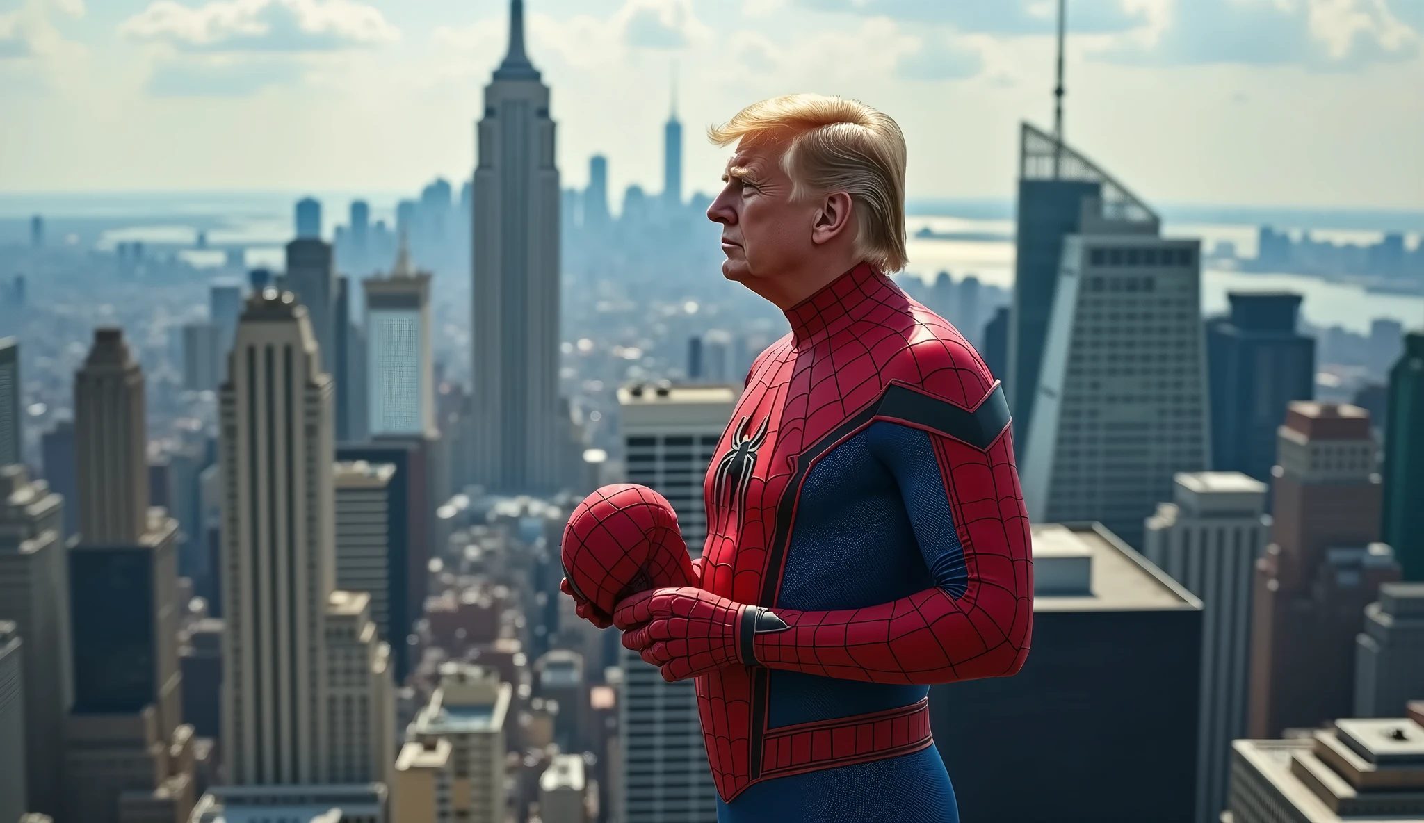 trump wearing spiderman uniform, On top of the tallest building in New York, with the mask in hand