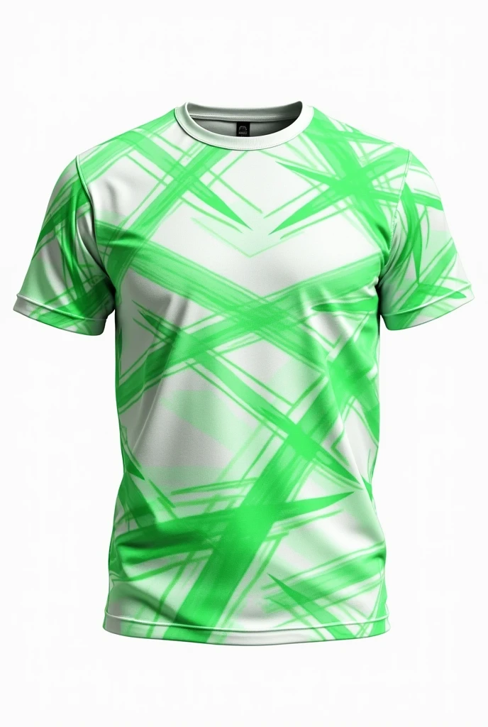 A simple t-shirt with unusual patterns in a chaotic style with bold tones and sharp angles only in white and green colors on a white background