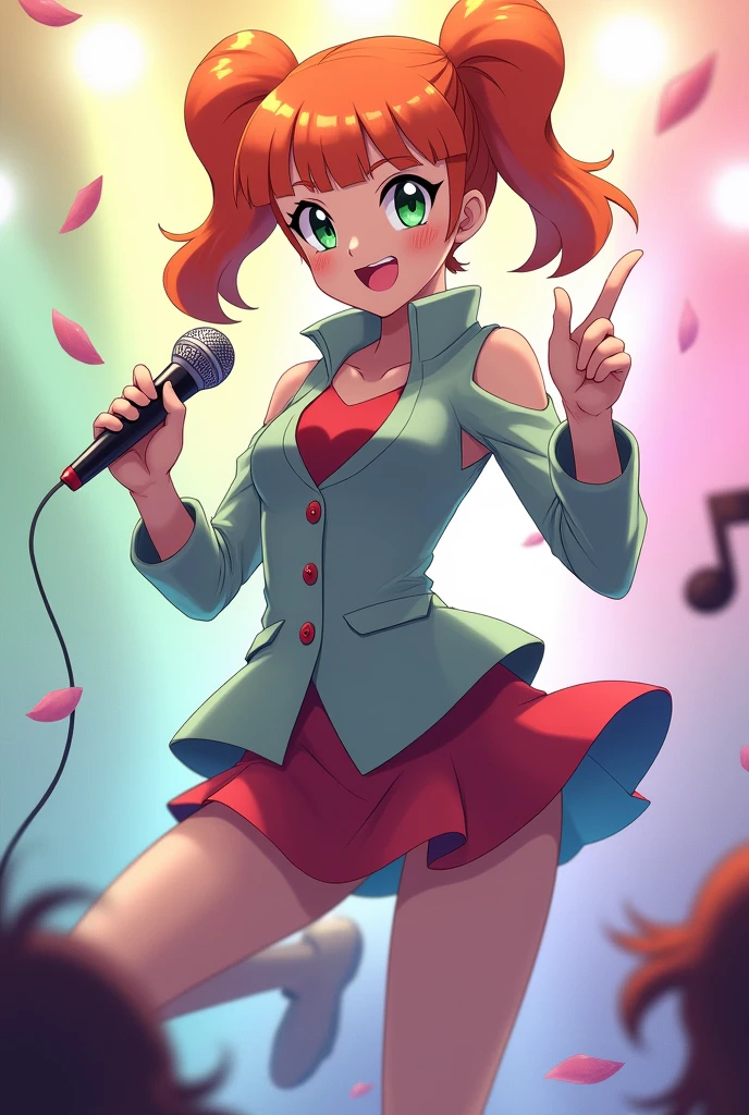 Draw Misty from Pokémon in anime version as a pop star dancing with a microphone in her hand, green eyes and a radiant smile, surrounded by a background with pastel colors. Her hair is short orange tied into a ponytail ,Her bangs are divine in three parts. 
