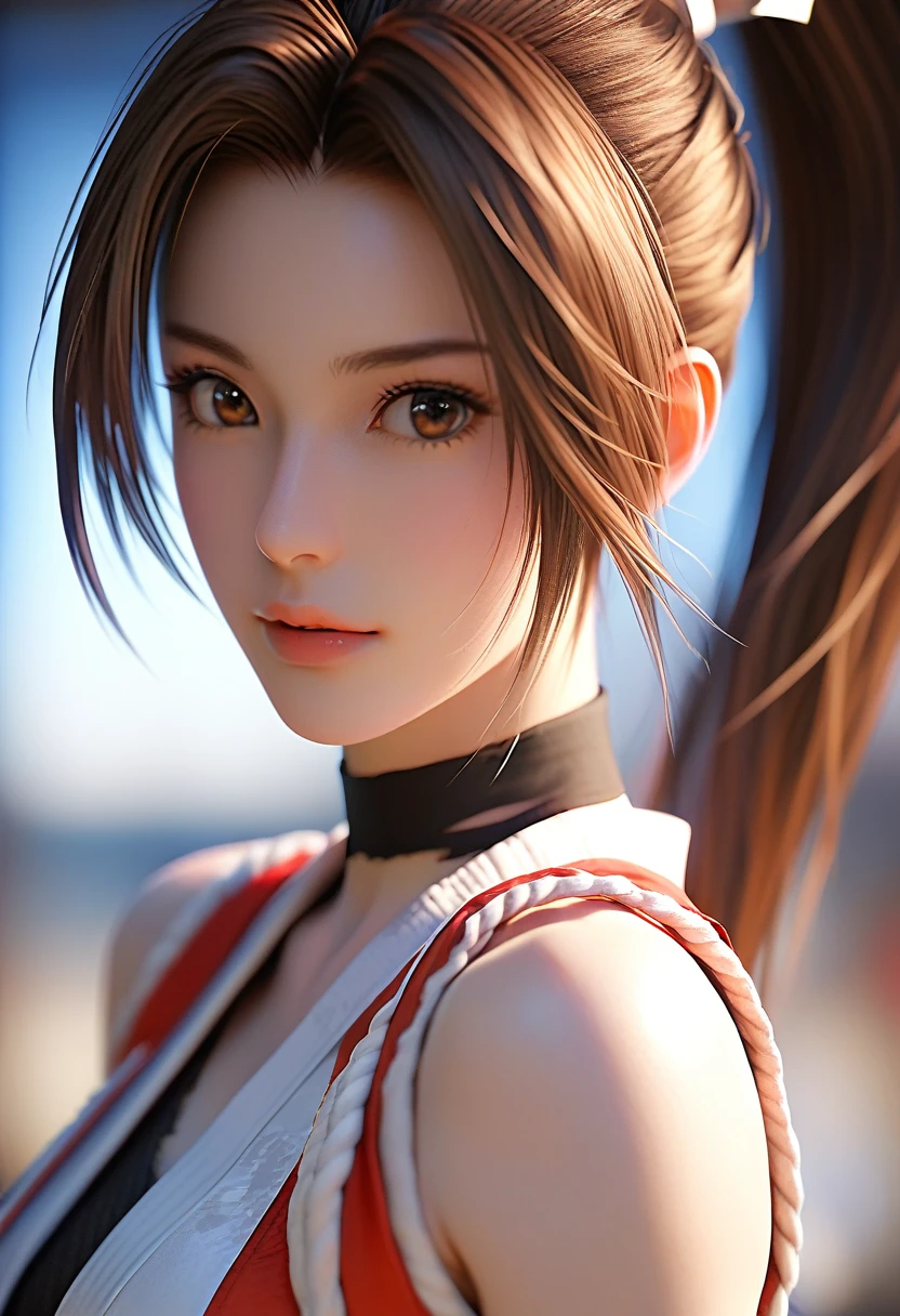 score_9, score_8_up, score_7_up, Girl's profile picture, realistic skin texture, detailed picture, close-up, HD32k, long hair, brown hair, bare shoulders, brown eyes, ponytail, torn japanese clothes, sleeveless, torn choker, blurry, lips, blurry background, parted bangs, torn sash, high ponytail, rope, armband, ninja, shiranui mai,Painstaking Attention To Details,PEAnimeBG,starlight