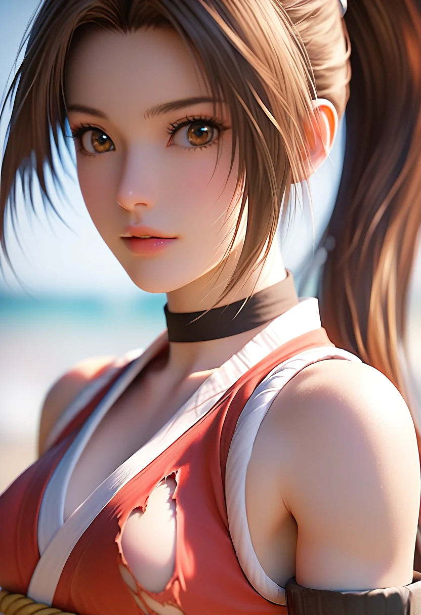 score_9, score_8_up, score_7_up, Girl's profile picture, realistic skin texture, detailed picture, close-up, HD32k, long hair, brown hair, bare shoulders, brown eyes, ponytail, torn japanese clothes, sleeveless, torn choker, blurry, lips, blurry background, parted bangs, torn sash, high ponytail, rope, armband, ninja, shiranui mai,Painstaking Attention To Details,PEAnimeBG,starlight