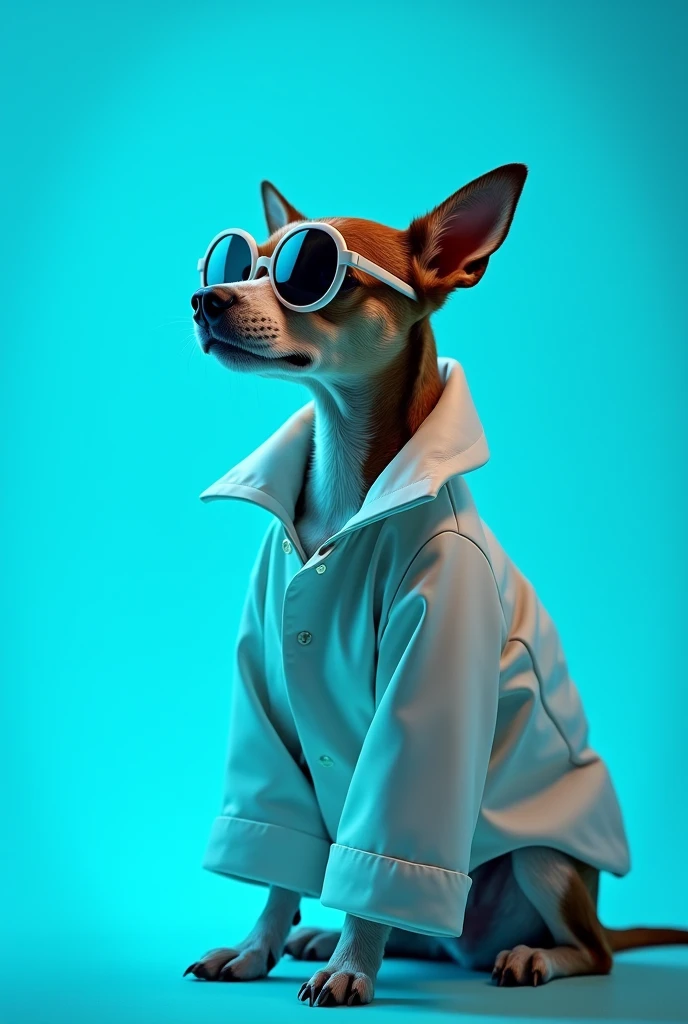 The best cell phone wallpaper, Award-Winning Wallpaper, portrait photography, In the front view is a portrait of a cute dog wearing mid-1960s space age fashion, Side view photo, Shot with Canon EOS R5, Set a strong contrast that accentuates the subject, Fluorescent blue tone, Wearing a very modern coat and sunglasses is a modern 1960s style, Clothes all in one color, beautiful background
