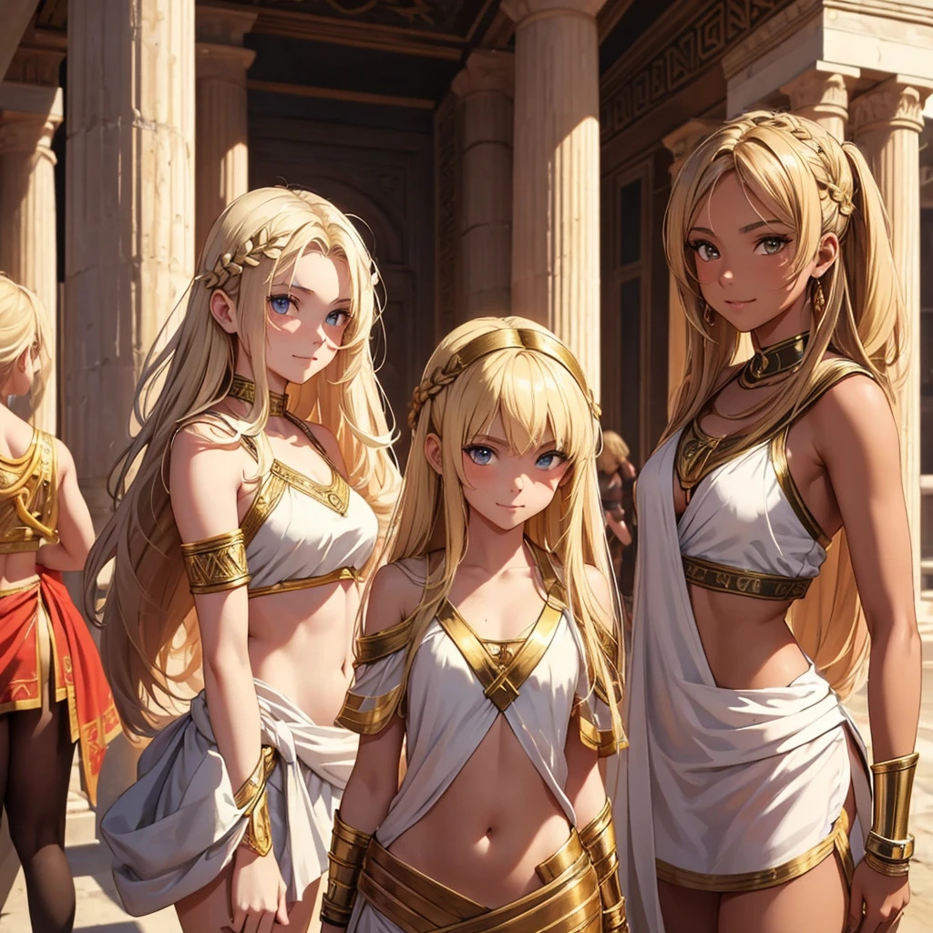 Greek warrior, girls in togas ,tanned skin, cover , ancient Greece, classical Greece , warrior woman, blonde hair ,teen girl , young girls, really young girls, young body, slim body, small chest , smile