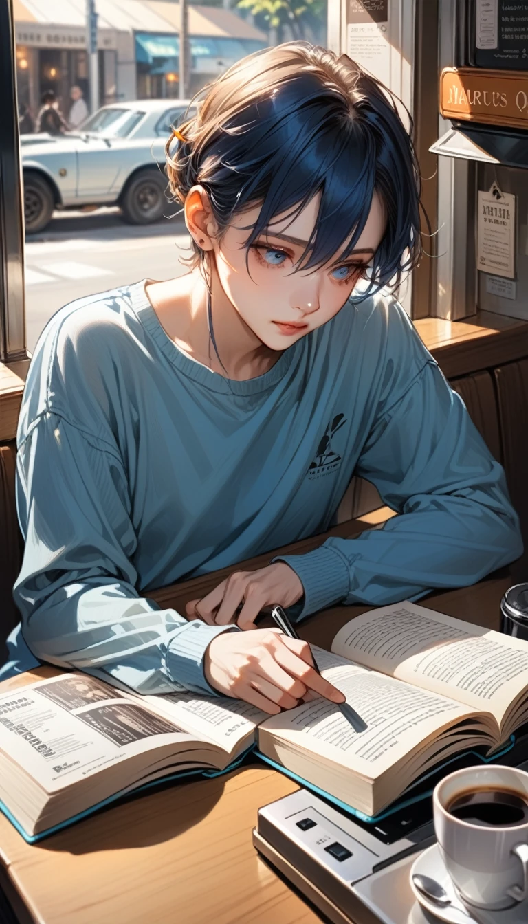 Illustrator, anime , Realistic ,sketch, 1 person, Album artwork,lip,Morning Cafe,Sitting,machine,Drinking coffee and reading a book,His eyes are reading a book,Drinking coffee with left hand, (masterpiece,Highest quality) , Orange and marine blue hair,Simple long sleeve clothing,Delicate eyes,Hanging eyes,His eyes are reading a book, (masterpiece,Highest quality) ,