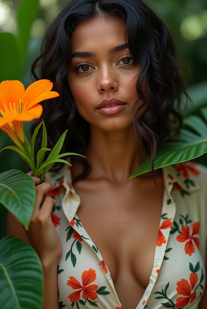 A Brazilian woman in a lush tropical garden, wearing an open shirt with a floral print, with a close-up capturing the harmonious beauty between her breasts and the natural flowers, showing off your natural charm and outgoing personality.