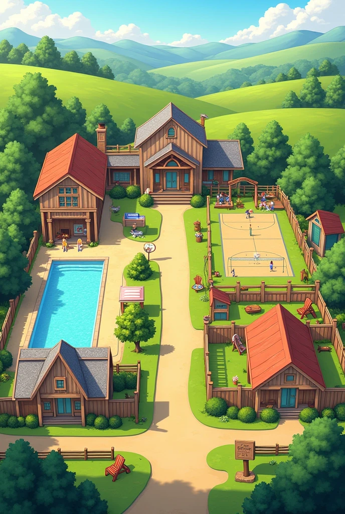Farm with swimming pool, volleyball court, camping area and playground for children