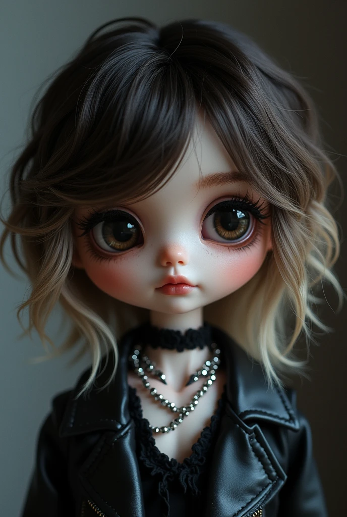 Make me a pale blythe doll, with loose hair, wavy layered, a little messy dark brown hair and blonde streaks in front, dark brown eyes, eye shadow and black eyeliner, silver chains and alternative