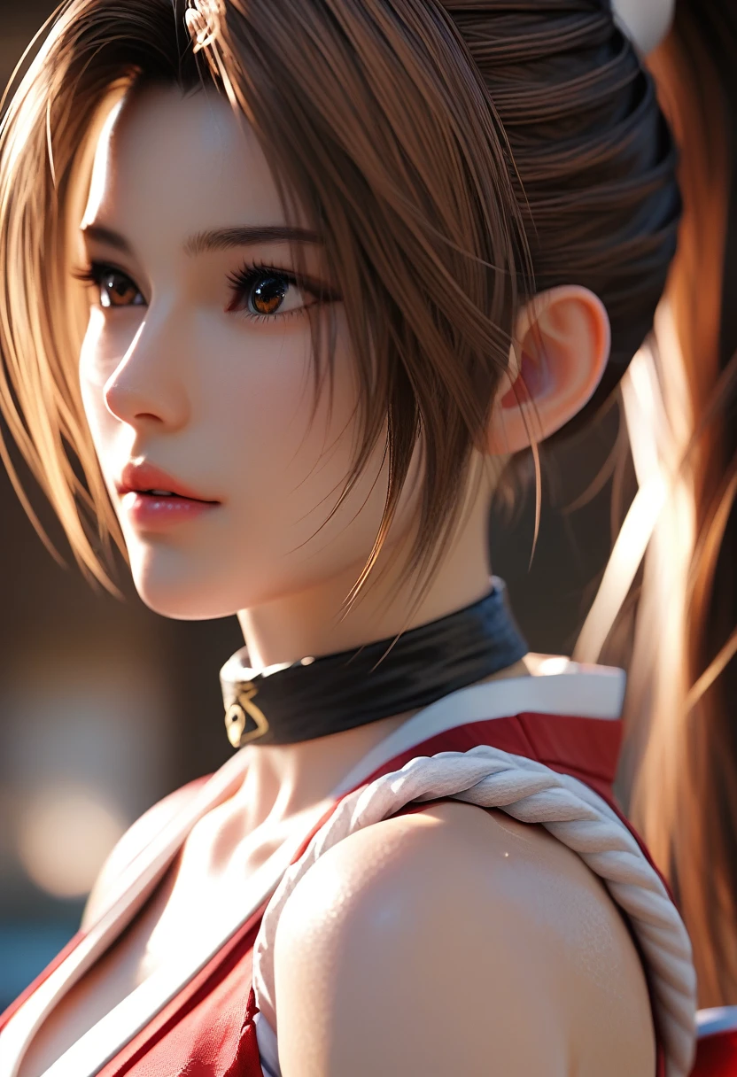 score_9, score_8_up, score_7_up, Girl's profile picture, realistic skin texture, detailed picture, close-up, HD32k, long hair, brown hair, bare shoulders, brown eyes, ponytail, torn japanese clothes, sleeveless, torn choker, blurry, lips, blurry background, parted bangs, torn sash, high ponytail, rope, armband, ninja, shiranui mai,Painstaking Attention To Details
