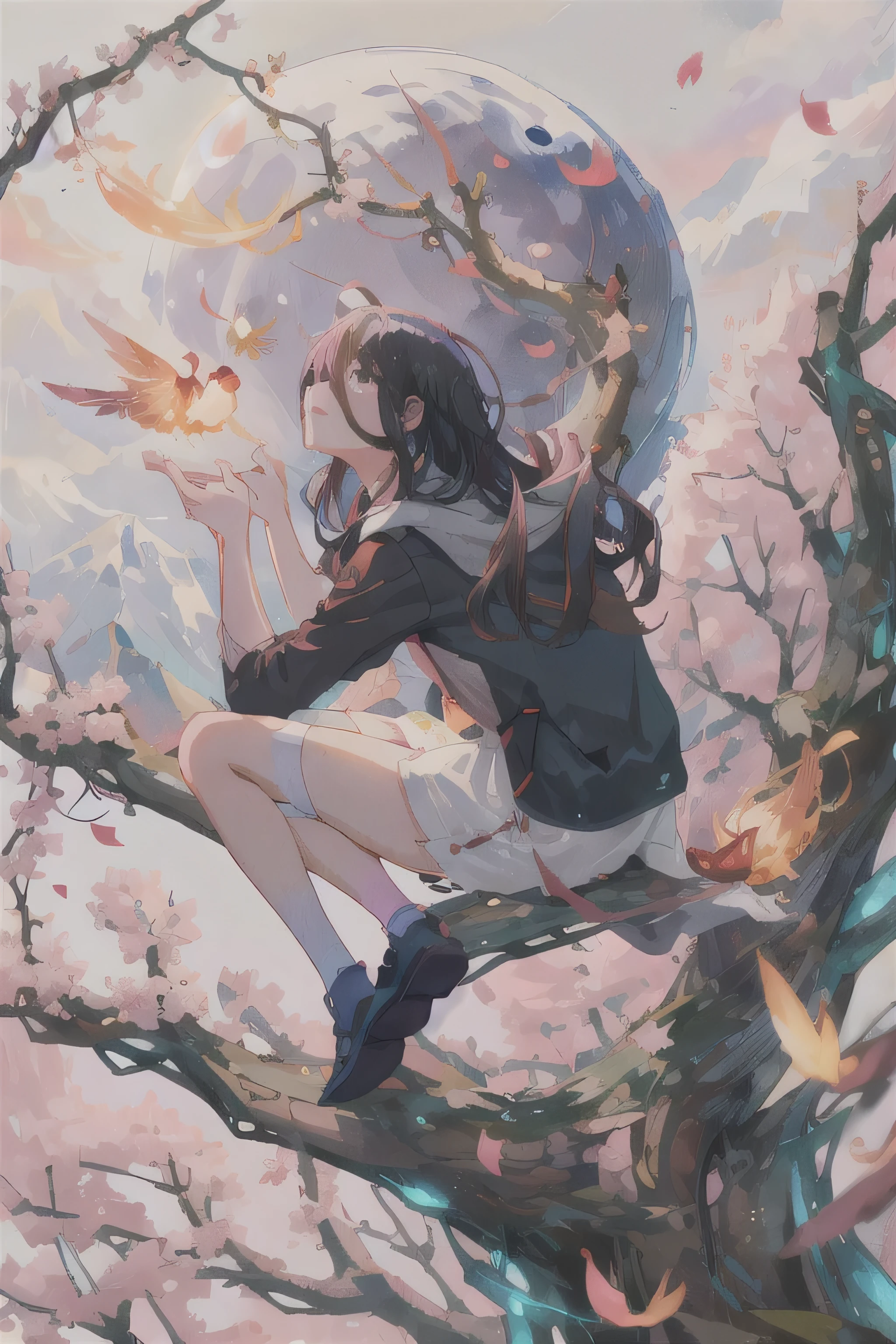 masterpiece, 最high quality, night, Mountain, full moon, Long black hair, woman, fire Fly, performer, Mysterious cherry tree, Pink leaves, high quality, Beautiful graphics, Attention to detail