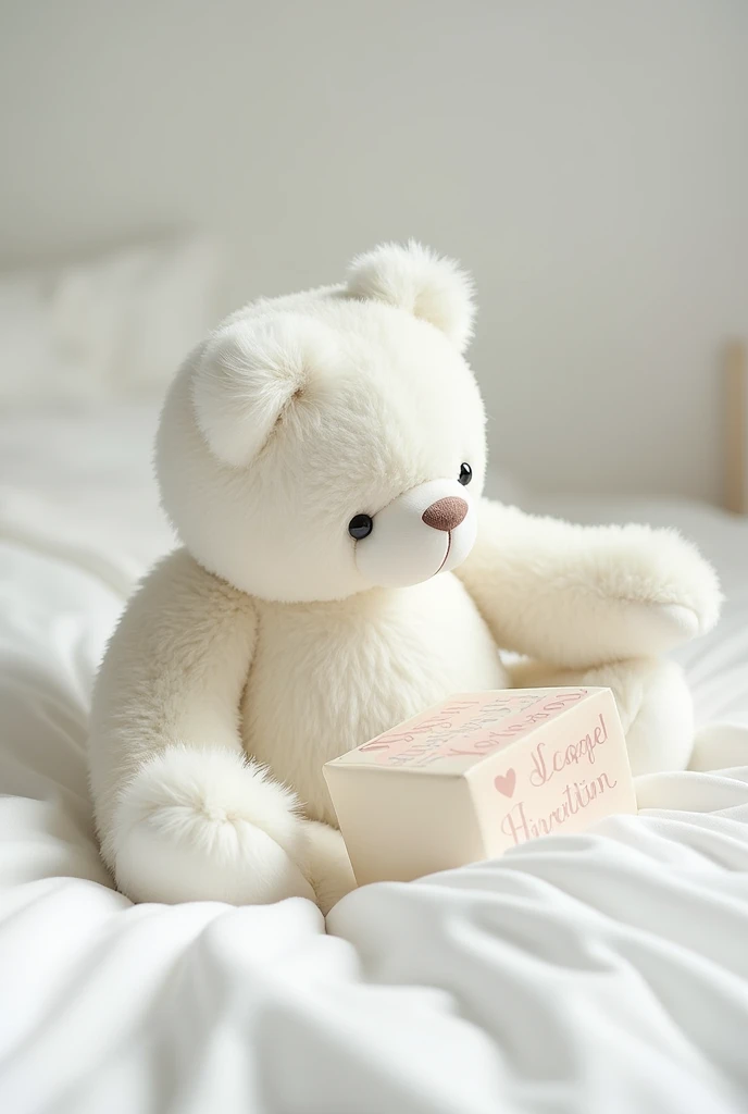 photo of a white teddy bear on a white bed that says HAPPY BIRTHDAY ANGEL OF MY LIFE I LOVE YOU