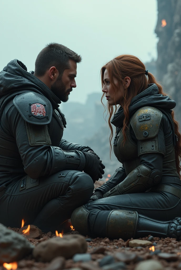 (photorealism:1.2), Jim Raynor with Sara Kerrigan after the battle sitting in front of each other