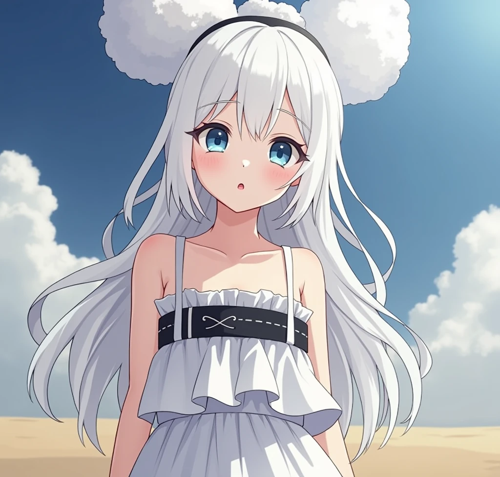 1 anime girl, by white, White skin, expressionless blue eyes, height of 155 centimeters, B cup chest.