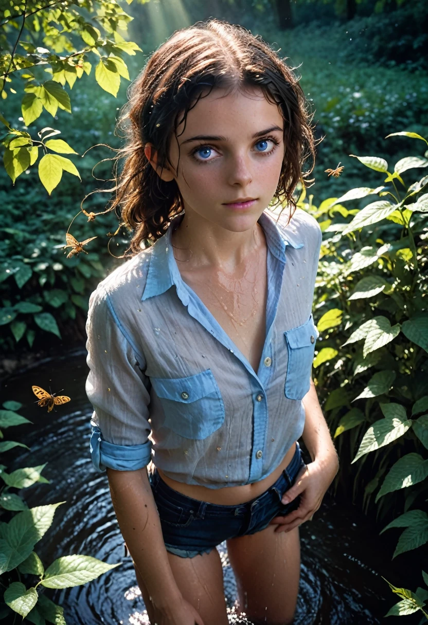 (Realystic:1.4), analog photo style, depths of field, (dark-haired Lightfoot Halfling with blue eyes, wearing a linen shirt), (small leaves and insects got tangled in wet hair), wide waist, (her full body is a visual pleasure), view from above, extremely sexy, dark fantasy atmosphere, deep shadows with the some sun rays, a delicate balance between reality and fantastic, faded colours, great quality, Masterpiece, blurred gloomy background, naturally cinematic light, 16k quality, kodak porta 400, bokeh.