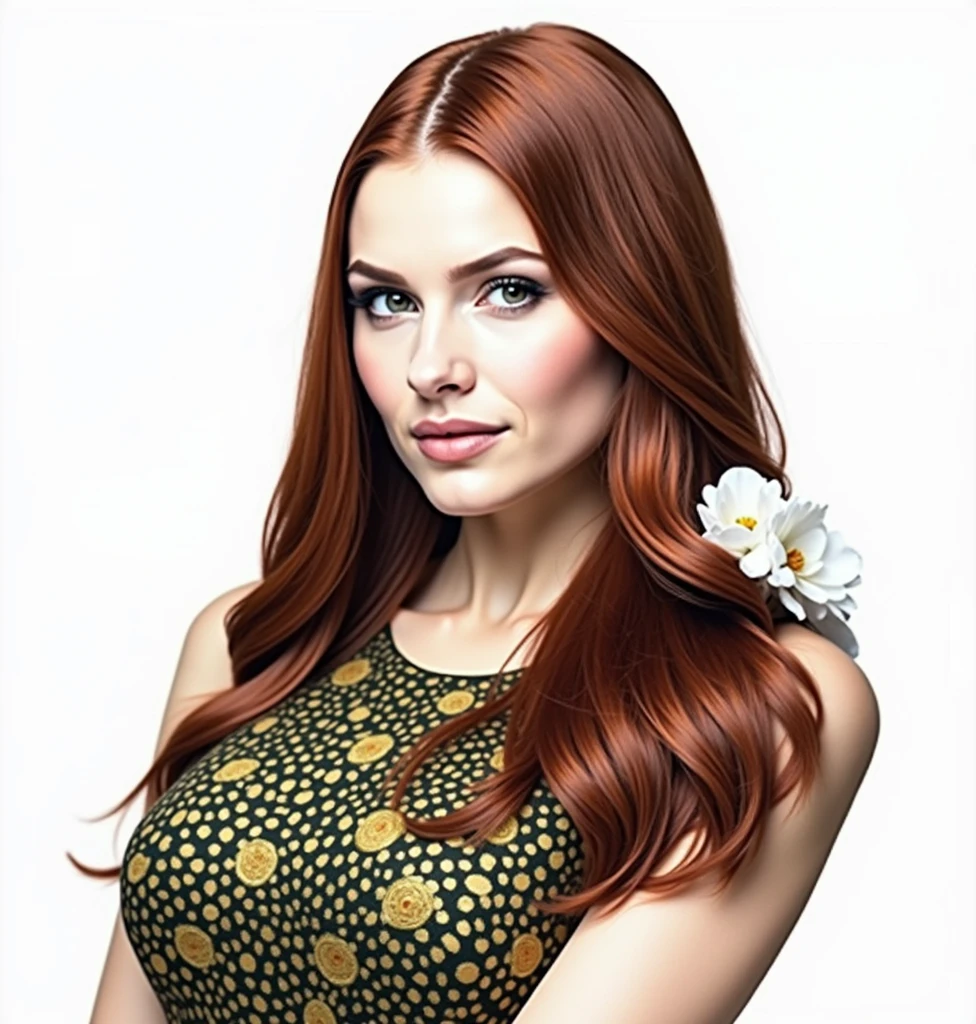 hyper-realistic photo of a woman with (((Red hair))), shown from the bust up, (((8))), with the entire upper body fully visible within the frame. Her hair must be extremely voluminous(((Red hair))), well maintained and perfectly styled. Make sure the woman is portrayed with a clear and natural expression. (((white background))), No details or distractions, just a smooth white surface. The entire upper body of the woman should be fully visible, without any part cut off. (((white background))) Use soft, flat lighting to highlight the texture and shine of her hair and skin.(((Red hair))). The photo must be ultra photorealistic, (((white background))), clear as crystal, 8K  UHD, with fine details and a high quality polished finish. Make sure the entire image is sharp and in focus., no blur or softness. Use the lens at its widest aperture to achieve maximum sharpness and ensure that every detail in the image is perfectly clear and in focus..