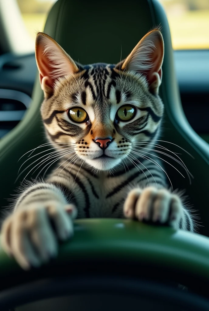 A gray cat with tiger stripes driving a green 2016 Hyundai Veloster, hyperrealist, 8k, high detailed, (Best Quality,4k,8k,High resolution,masterpiece:1.2),ultra detailed,(realist,photorealist,photo-realist:1.37),HdR,HD,studio lighting,Ultrafine paint,sharp focus,physically based rendering,extreme detailed description,professional,vivid colors,bokeh,detailed feline eyes,detailed feline characteristics,detailed feline paws,Feline anatomy,highly detailed cat fur,detailed car interior,highly detailed board,highly detailed car exterior,dynamic composition,dramatic lighting,cinematic angles