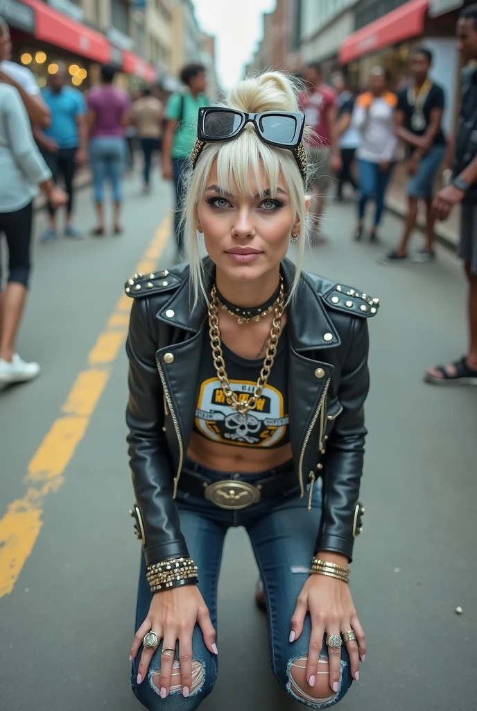 russian old milf woman, blonde platinum hair (top bun and oversized square sunglasses as headband), with very light blue eyes, extremely pale. Wearing studded cropped black moto jacket (skull and moto club patches), black cropped t-shirt with skull and bones logo and gothic lettering, dark skinny low rise blue jeans with patched holes . Lots of thick wide studded  bracelets, chain collars and big rings. Tacky wide studded leather belt with big eagle oval buckle. Long earrings with chains. Kneeling, craving for the ice cream of the photographer. Hands down, showing off bracelets and rings. Looking at the camera, Toned abdominals, thin neck, slim legs and thin arms. Narrow hips. Crowded street of Nairobi 